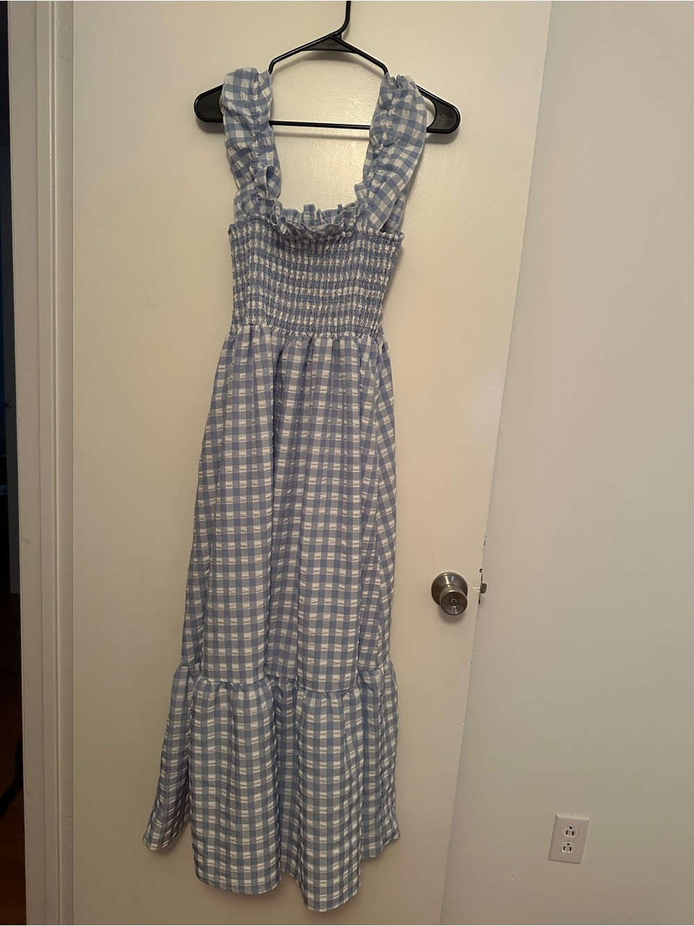 Blue Gingham Smocked Maxi Dress with Ruffle Straps